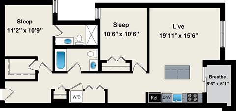 Floor plan for 2 beds, 2 baths, 986 sqft