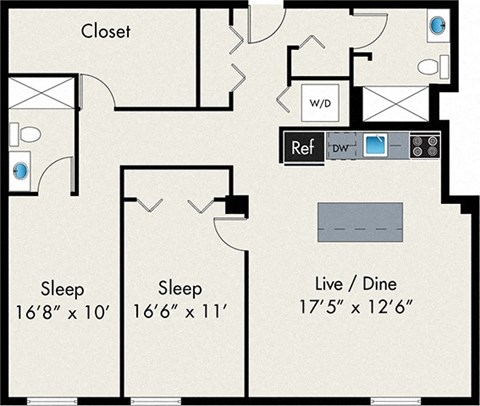 Floor plan for 2 beds, 2 baths, 1092 sqft