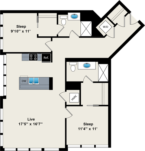 Floor plan for 2 beds, 2 baths, 1208 sqft