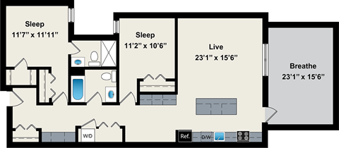 Floor plan for 2 beds, 2 baths, 1165 sqft