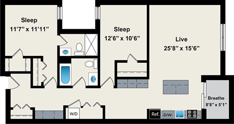 Floor plan for 2 beds, 2 baths, 1195 sqft