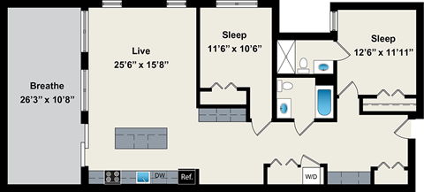 Floor plan for 2 beds, 2 baths, 1265 sqft