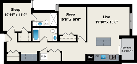 Floor plan for 2 beds, 2 baths, 994 sqft