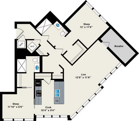 Floor plan for 2 beds, 2 baths, 1228 sqft