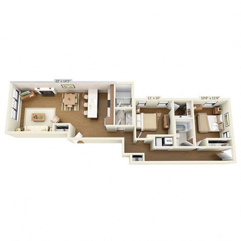 Floor plan for 2 beds, 2 baths, 1235 sqft