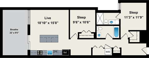 Floor plan for 2 beds, 2 baths, 998 sqft
