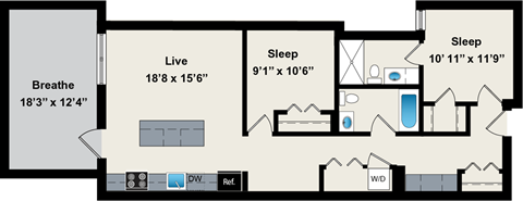 Floor plan for 2 beds, 2 baths, 1001 sqft