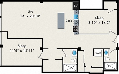Floor plan for 2 beds, 2 baths, 1169 sqft