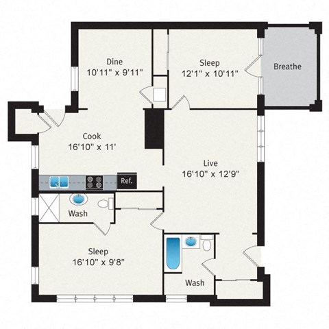 Floor plan for 2 beds, 2 baths, 1013 sqft