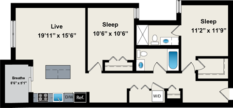 Floor plan for 2 beds, 2 baths, 1008 sqft