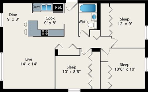 Floor plan for 3 beds, 1 bath, 972 sqft