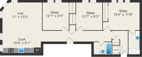 Floor plan for 3 beds, 2 baths, 1346 sqft