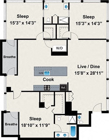 Floor plan for 3 beds, 2 baths, 1968 sqft