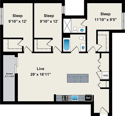 Floor plan for 3 beds, 2 baths, 1324 sqft