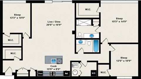 Floor plan for 3 beds, 2 baths, 1562 sqft