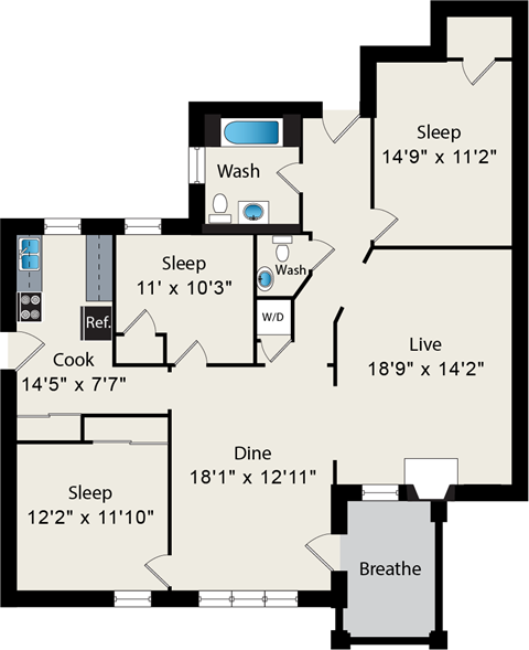 Floor plan for 3 beds, 2 baths, 1264 sqft