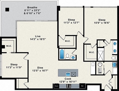 Floor plan for 3 beds, 2 baths, 1729 sqft