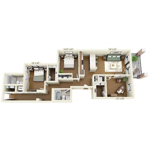 Floor plan for 3 beds, 2 baths, 1265 sqft