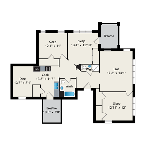 Floor plan for 3 beds, 2 baths, 1270 sqft
