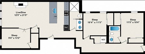 Floor plan for 3 beds, 2 baths, 1360 sqft