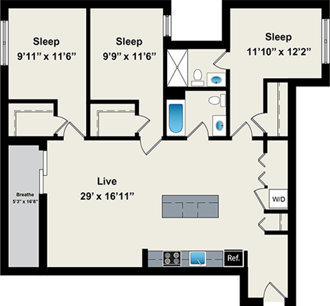 Floor plan for 3 beds, 2 baths, 1330 sqft