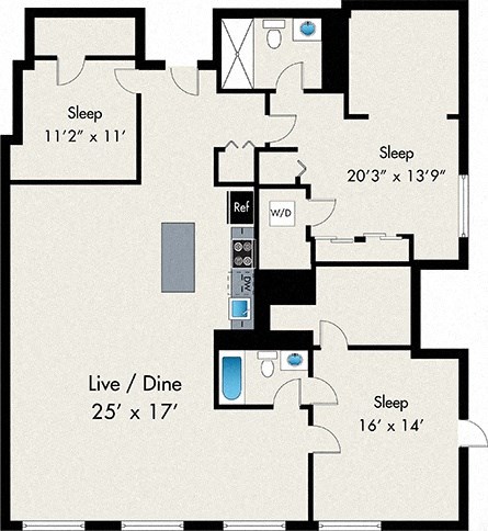 Floor plan for 3 beds, 2 baths, 1927 sqft