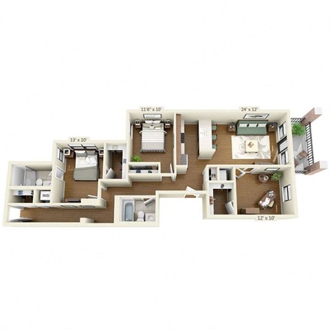 Floor plan for 3 beds, 2 baths, 1375 sqft
