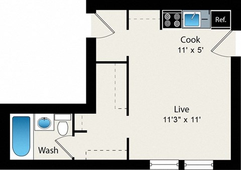 Floor plan for studio, 1 bath, 336 sqft