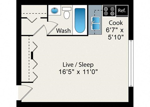 Floor plan for studio, 1 bath, 332 sqft