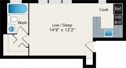 Floor plan for studio, 1 bath, 349 sqft