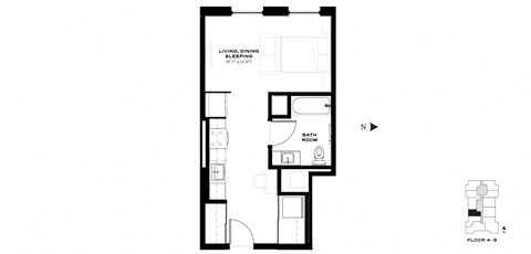 Floor plan for studio, 1 bath, 463 sqft