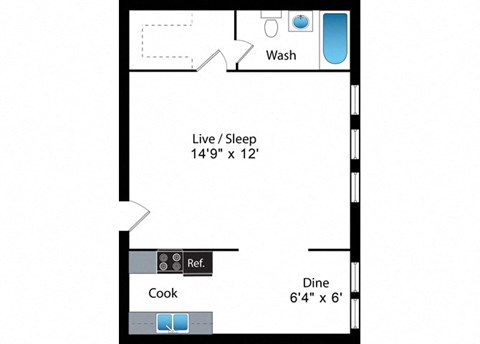 Floor plan for studio, 1 bath, 422 sqft