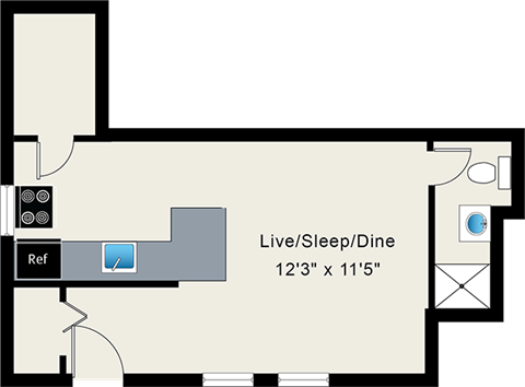 Floor plan for studio, 1 bath, 376 sqft