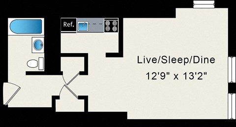 Floor plan for studio, 1 bath, 393 sqft