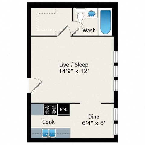 Floor plan for studio, 1 bath, 510 sqft