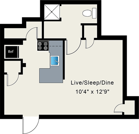 Floor plan for studio, 1 bath, 417 sqft