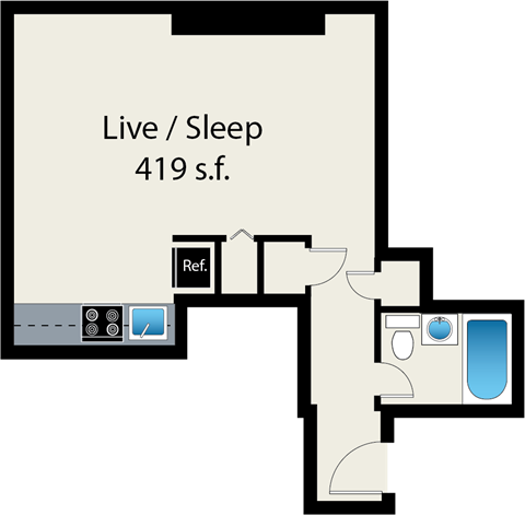 Floor plan for studio, 1 bath, 419 sqft