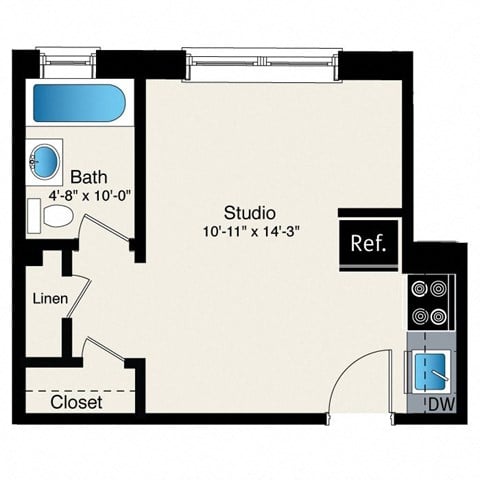 Floor plan for studio, 1 bath, 277 sqft