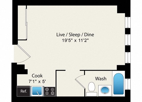Floor plan for studio, 1 bath, 352 sqft