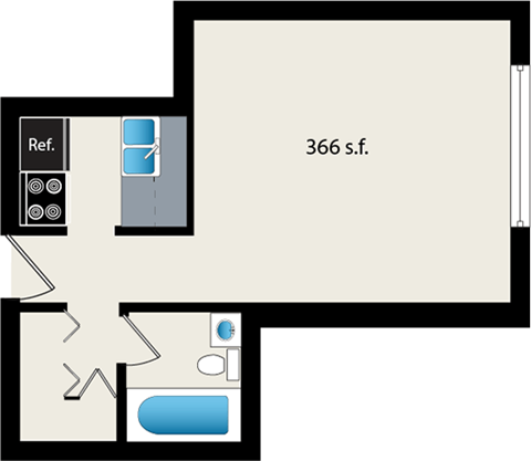 Floor plan for studio, 1 bath, 366 sqft