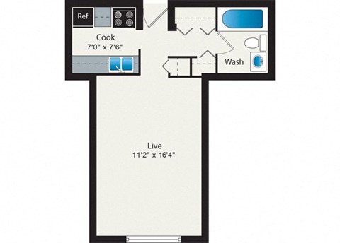 Floor plan for studio, 1 bath, 366 sqft