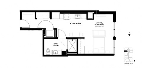 Floor plan for studio, 1 bath, 523 sqft