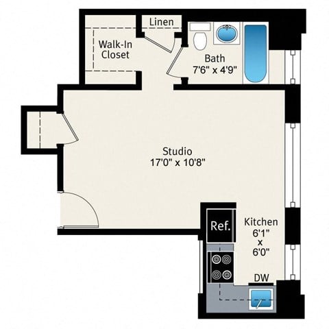 Floor plan for studio, 1 bath, 357 sqft