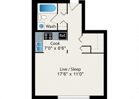 Floor plan for studio, 1 bath, 407 sqft