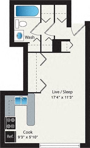 Floor plan for studio, 1 bath, 366 sqft