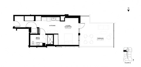 Floor plan for studio, 1 bath, 528 sqft