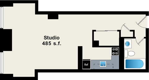 Floor plan for studio, 1 bath, 485 sqft