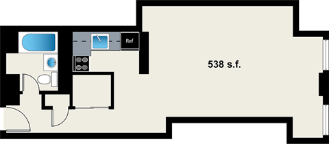Floor plan for studio, 1 bath, 538 sqft