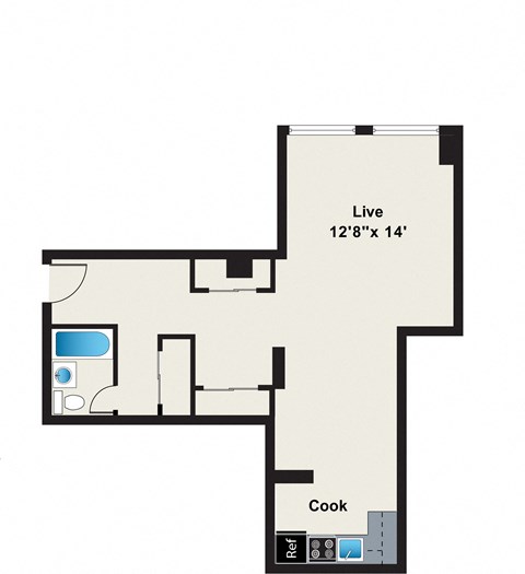 Floor plan for studio, 1 bath, 612 sqft