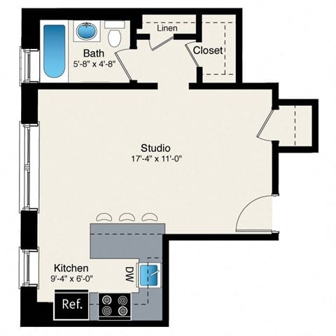 Floor plan for studio, 1 bath, 391 sqft